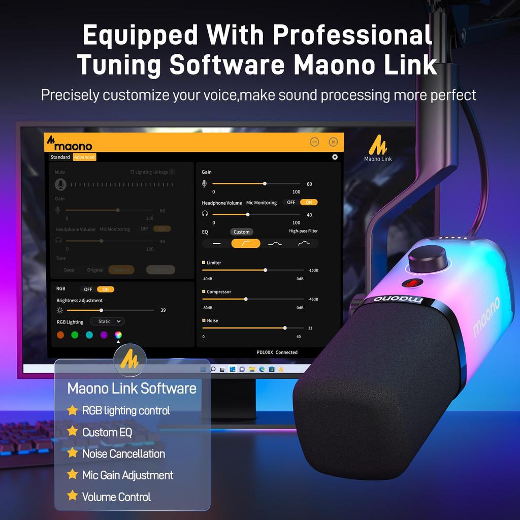 MAONO PD100X RGB Gaming with Mute for PC YouTube Voice Live and Game Commentary XLR/USB Microphone, Noise-Canceling, Dynamic, Unidirectional, Button,