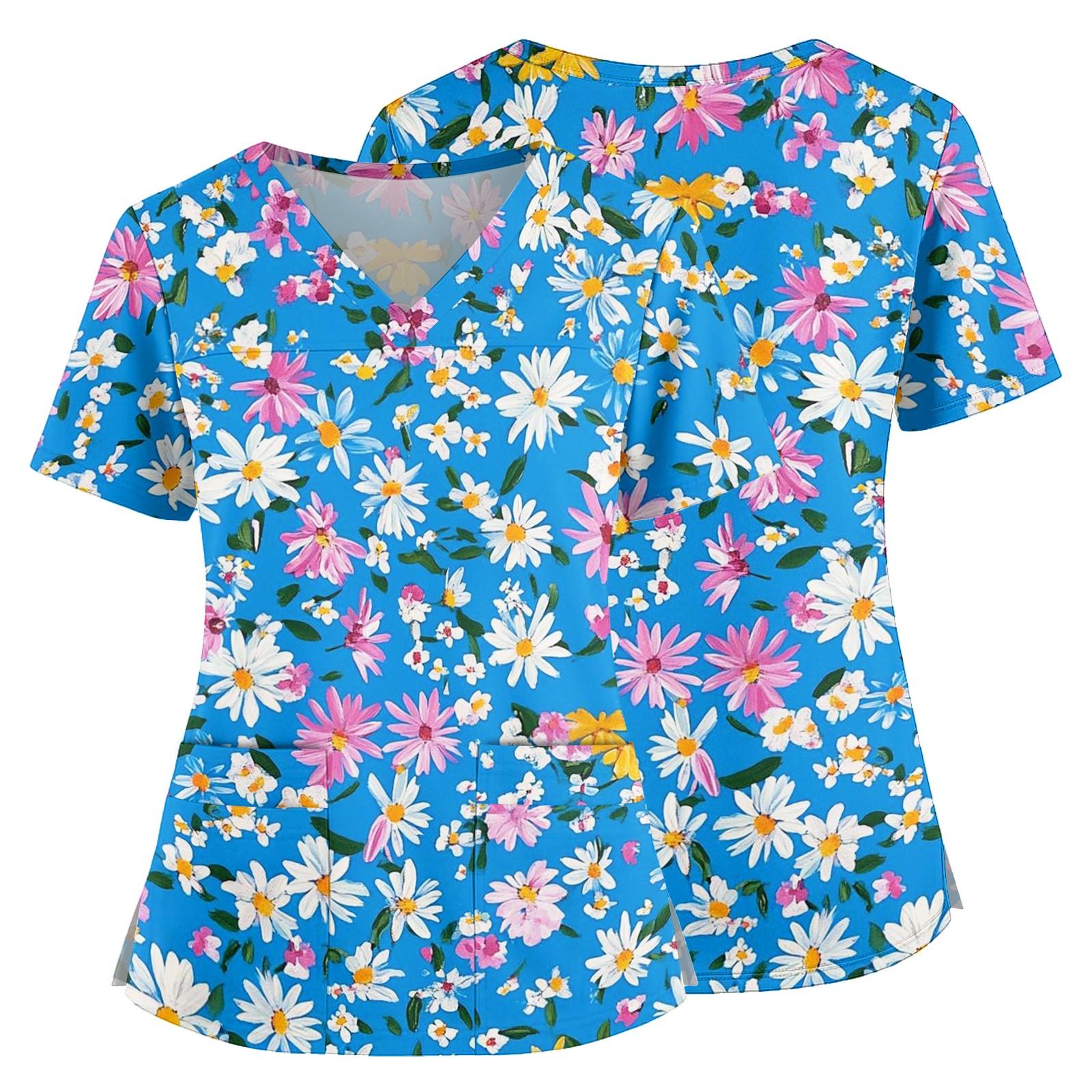 

Floral Print V Neck Medical Scrub Top with Pockets Side Slits Short Sleeve Nurse Uniform Shirt for Women Comfortable Fit XXL