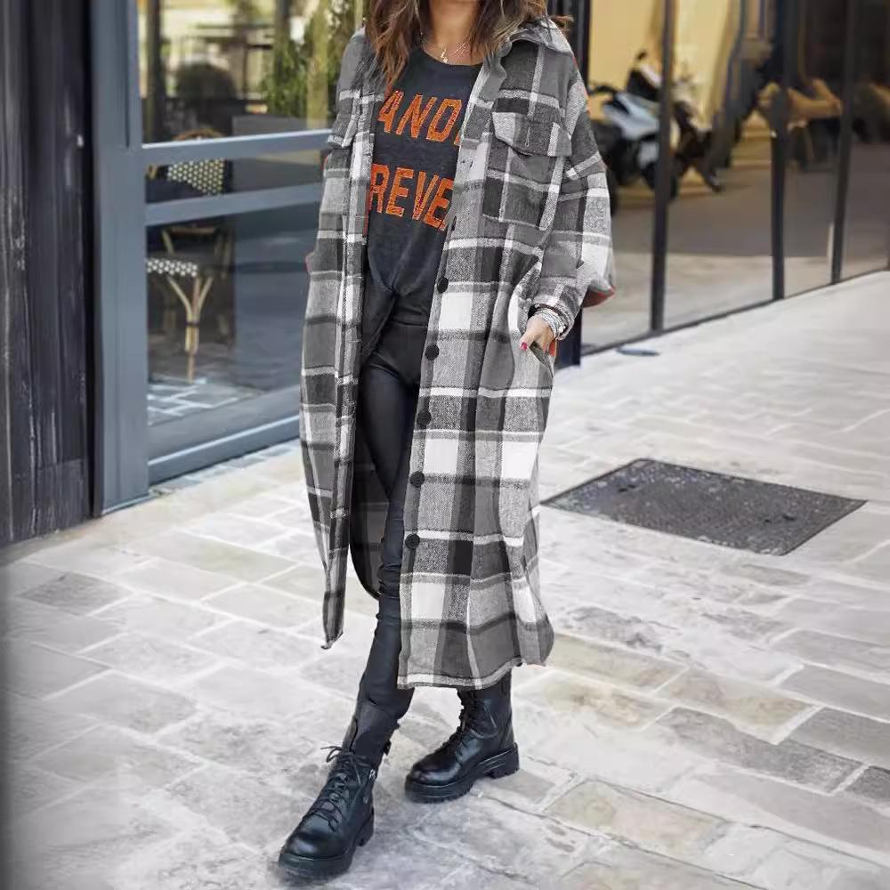 Extended Trench Coat Lapel Side Split Women's Tweed Plaid Coat Women's Coat