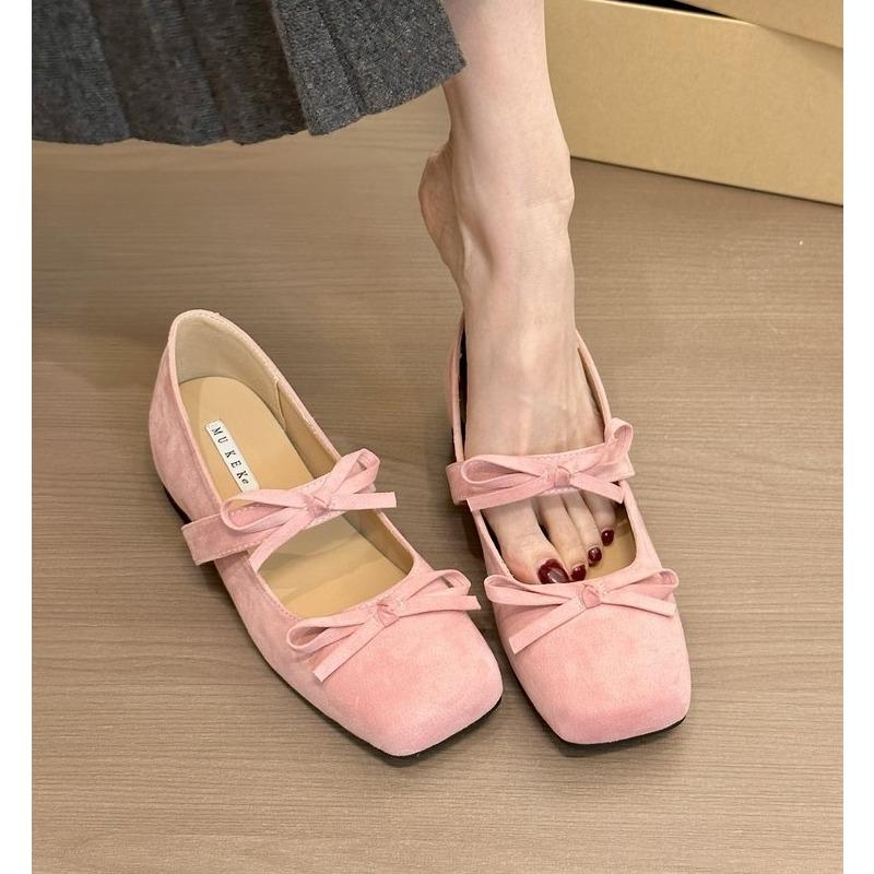 2025 Spring and Autumn New Elegant Style Mary Jane Purple Suede Double Bow Fashion Single Shoes Square Toe Height Increase