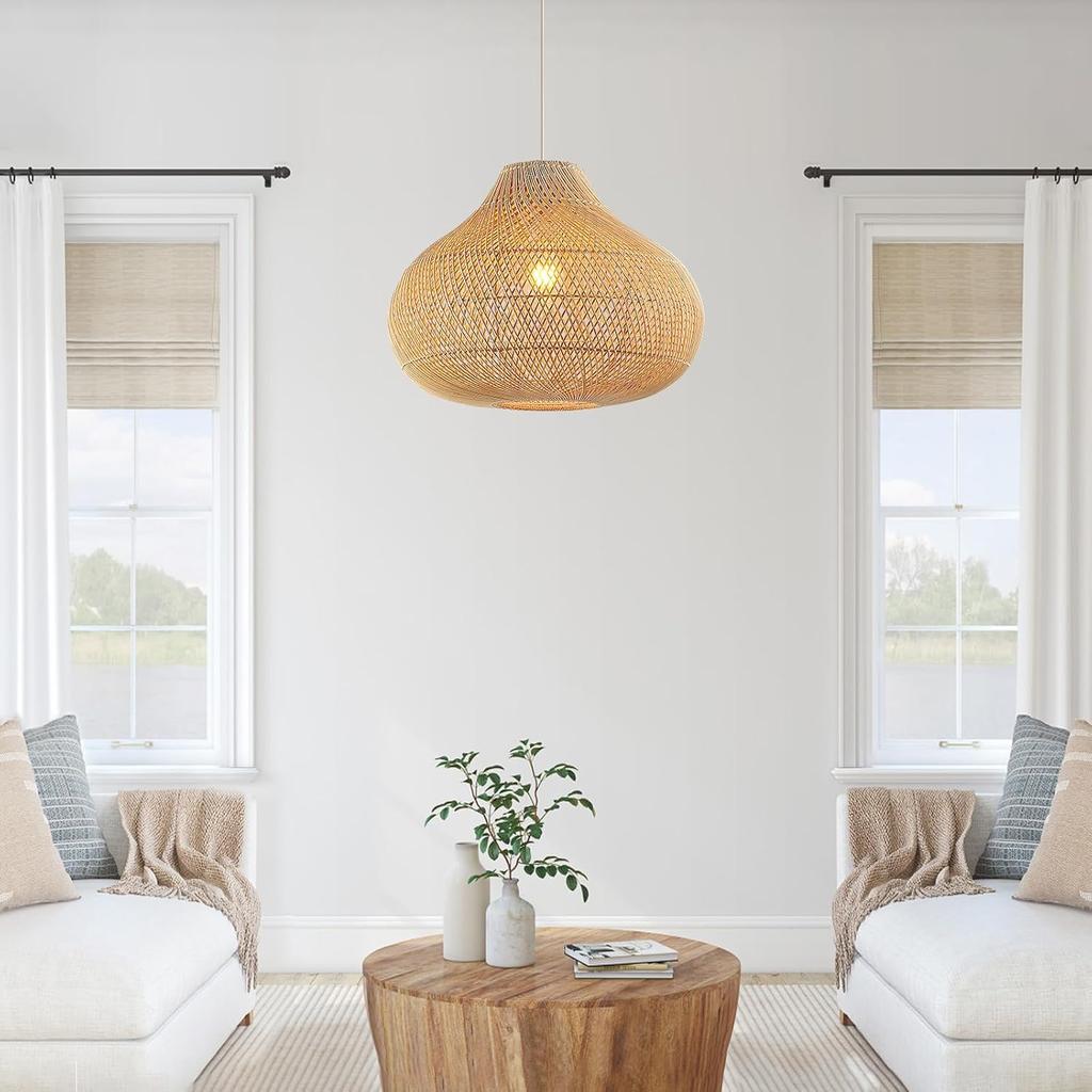 40CM Rattan Pendant Light Rattan Boho Wicker Chandelier Hand-Woven Basket Pendant Light Fixtures for Dining Living Room