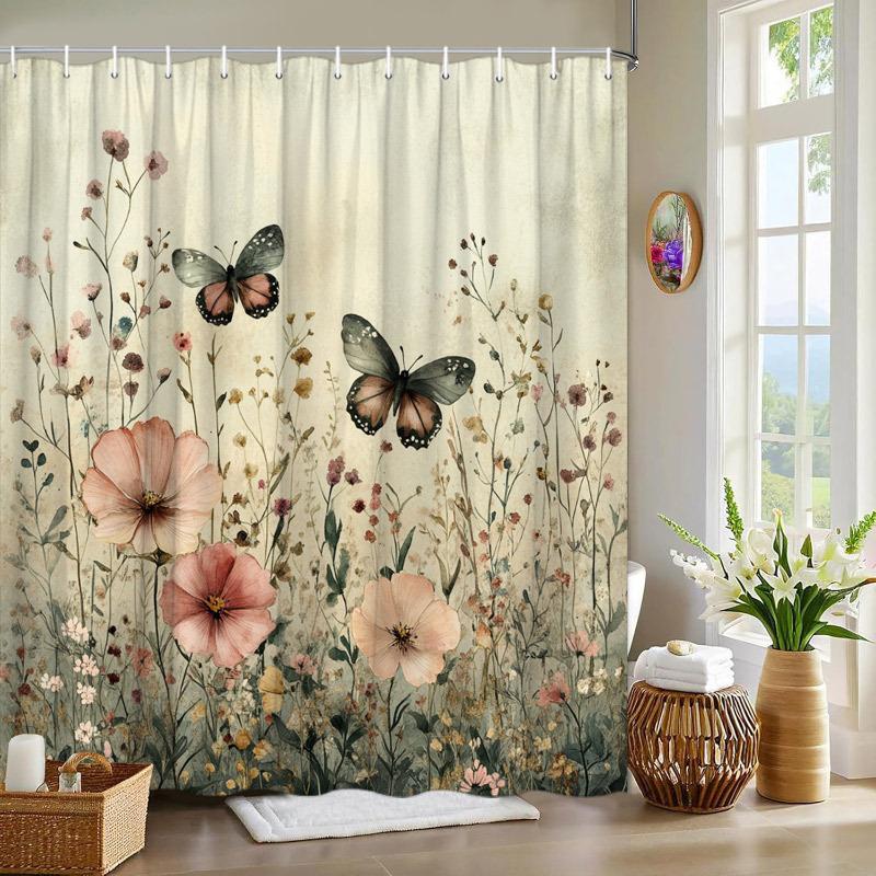1pc Floral Butterfly Shower Curtain - Pink & Peach Flowers on Beige, Washable Polyester, Nature-Inspired Bathroom Decor