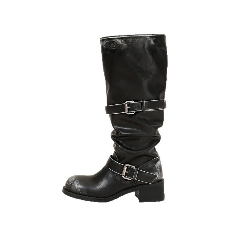 Övcsatos platformos csizma vastag sarok 2025 ősz új retro régi közepes csizma koreai verzió csizma niche munkáscsizma nők