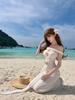 Tourism In Bali, Thailand, Beautiful One-word Shoulder Pinch Waist and Thin Fishtail Dress, Seaside Vacation Wind Beach Dress