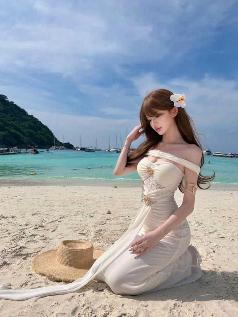 Tourism In Bali, Thailand, Beautiful One-word Shoulder Pinch Waist and Thin Fishtail Dress, Seaside Vacation Wind Beach Dress