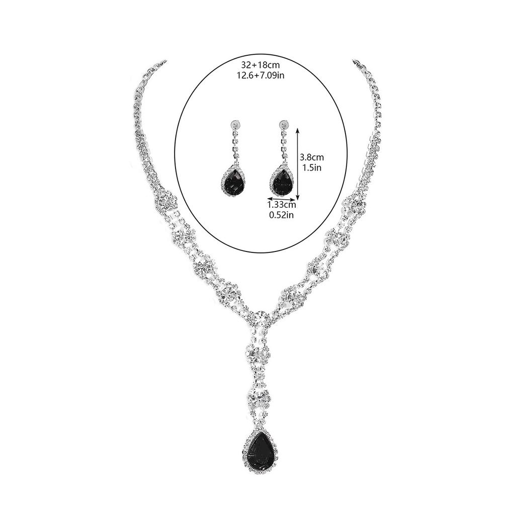 Black, Blue, Red and White High-level Sense of Super-flash Full of Diamonds Droplets Necklace Earrings Two-piece Bridal Jewelry Set