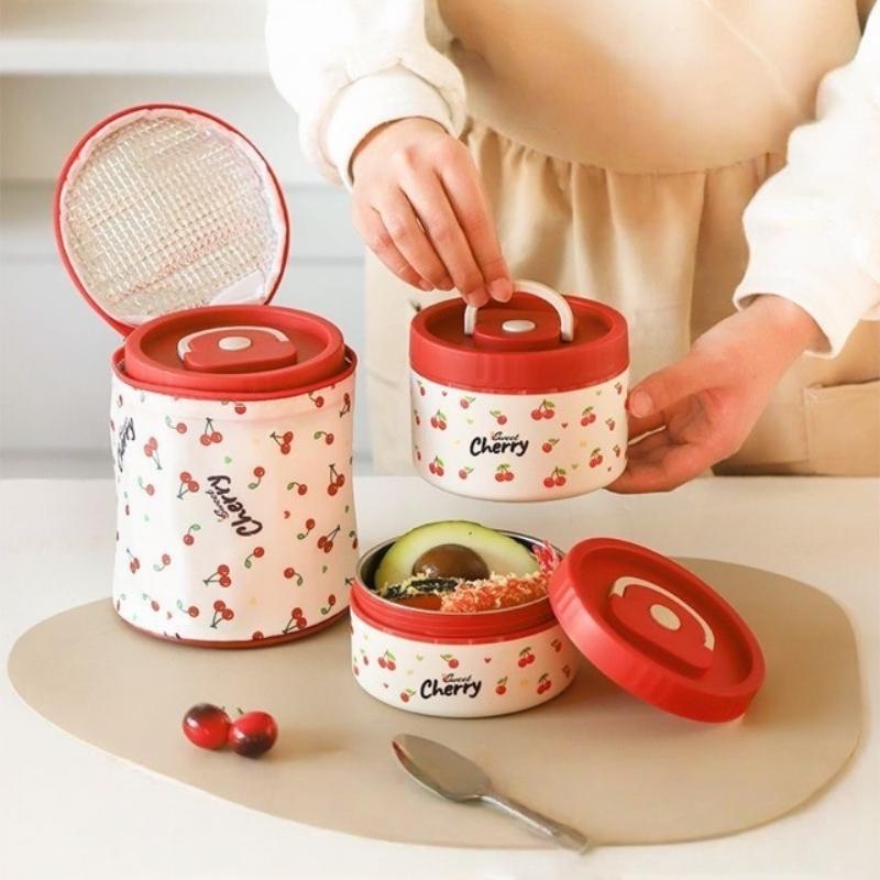 Stainless Steel Cherry Print Lunch Box Set with Insulated Bag & Tableware for School Office Picnic