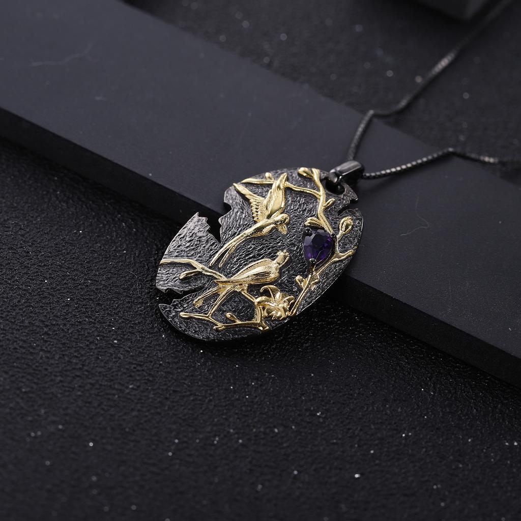Original Designer High-end National Style Pendant Magpie Design 925 Silver Color Electroplating Natural Amethyst Necklace Pendant