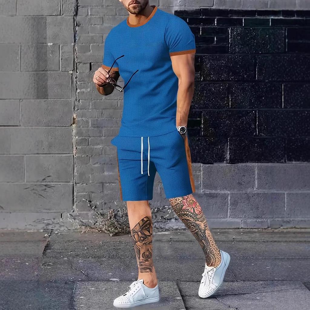 Men's Casual Solid Color Round Neck T-shirt and Short Sleeve Suit – Summer Sports Style 2025