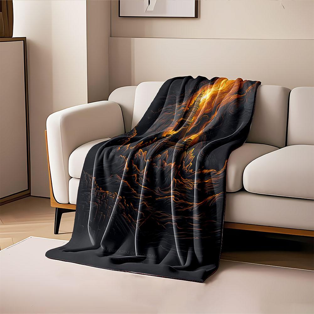 A fiery lighthouse towers over turbulent waves in a dark, stormy setting. for all seasons blanket lunch break throw gift