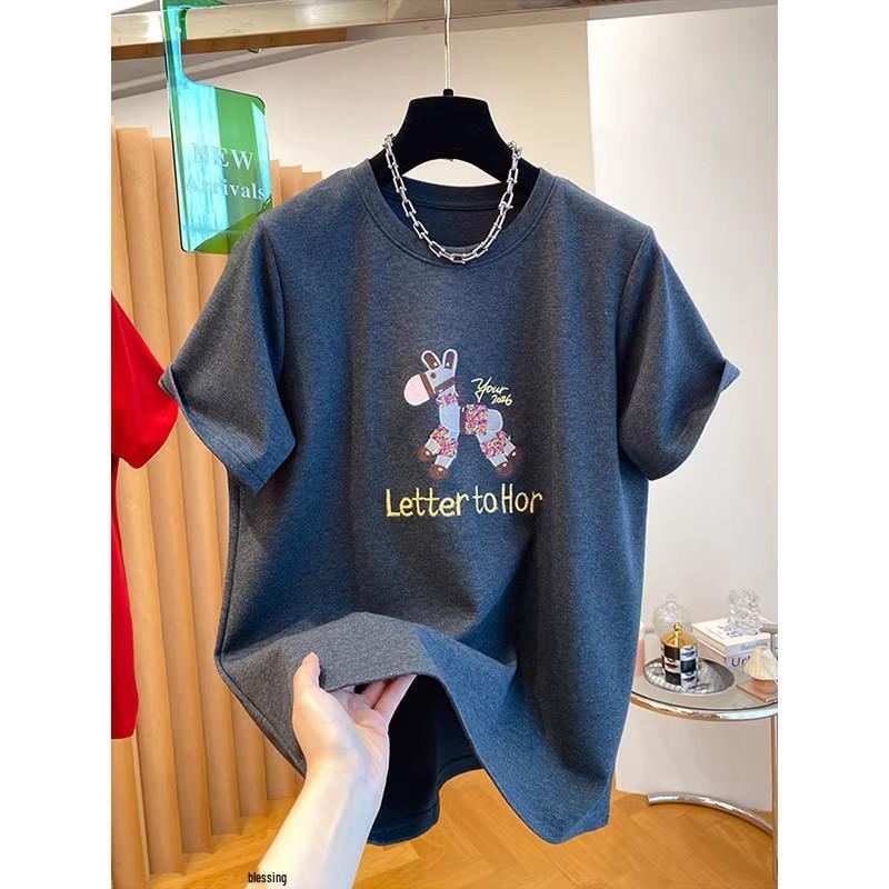 Women's Red Cartoon Print Short Sleeve Round Neck T-shirt - Summer 2026 Korean Style Trendy Casual Loose Top