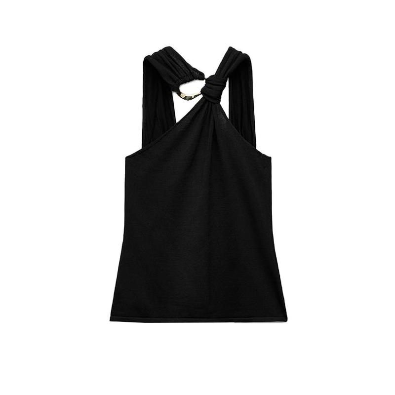 Fall and Winter New Women's Clothing French Design Sleeveless Halter Gold Inlay and Bow Tie Tops 4938106