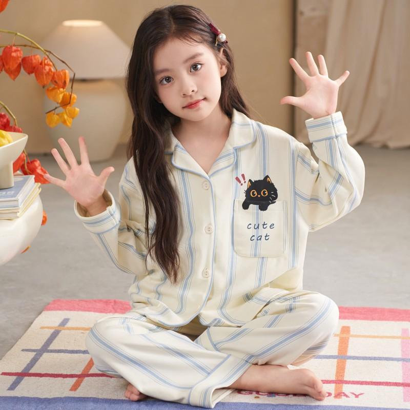 Girls Cotton Pajama Set Long Sleeve Cartoon Print Sleepwear Kids Home Outfit