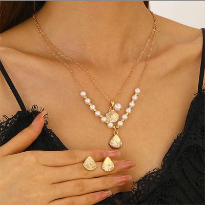 1Set Gold Plated Starfish Shell Pendant Necklace Summer Imitation Pearl Necklaces For Women Girls Ocean Beach Jewelry