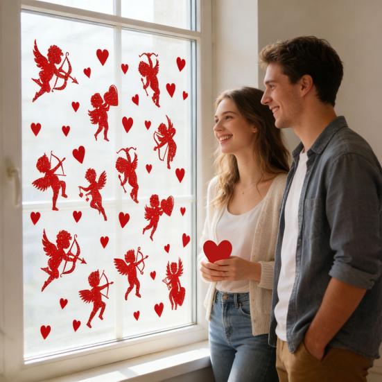 50 Stück Glitzer Amor-Form Ausgeschnittene Fensteraufkleber Valentinstag Rotes Herz Amor Fensteraufkleber für Hochzeit Feiertag Party Dekor