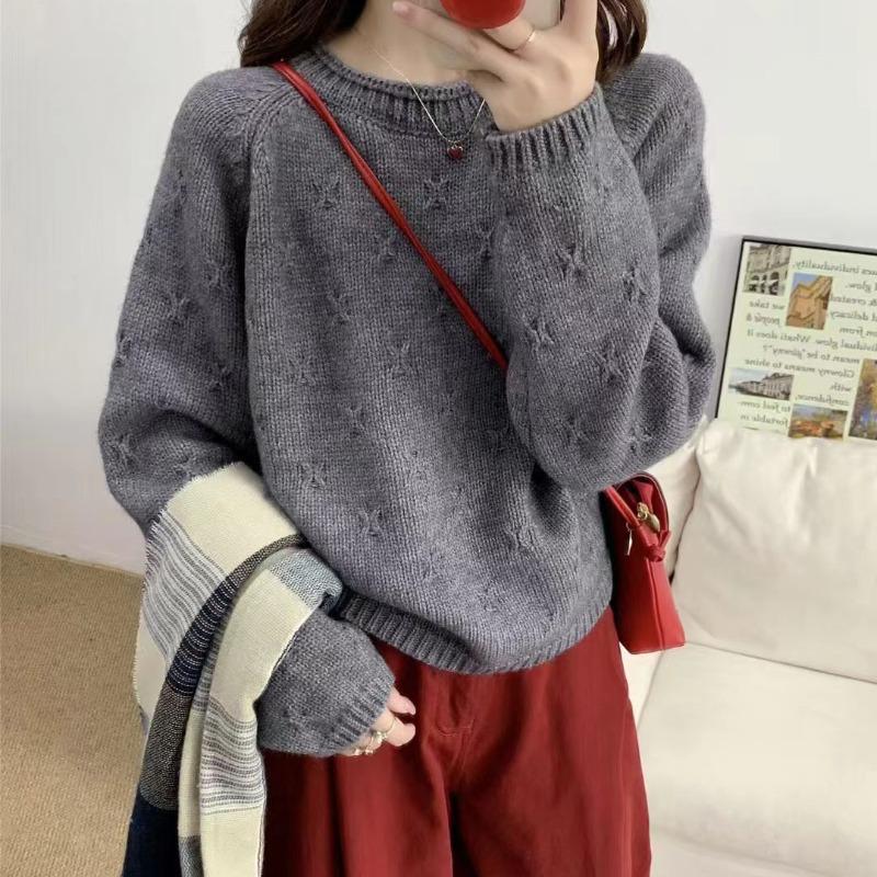 Shoulder sleeves simple small crochet pullover sweater women's crew neck curled edge autumn and winter new loose solid color knitted sweater