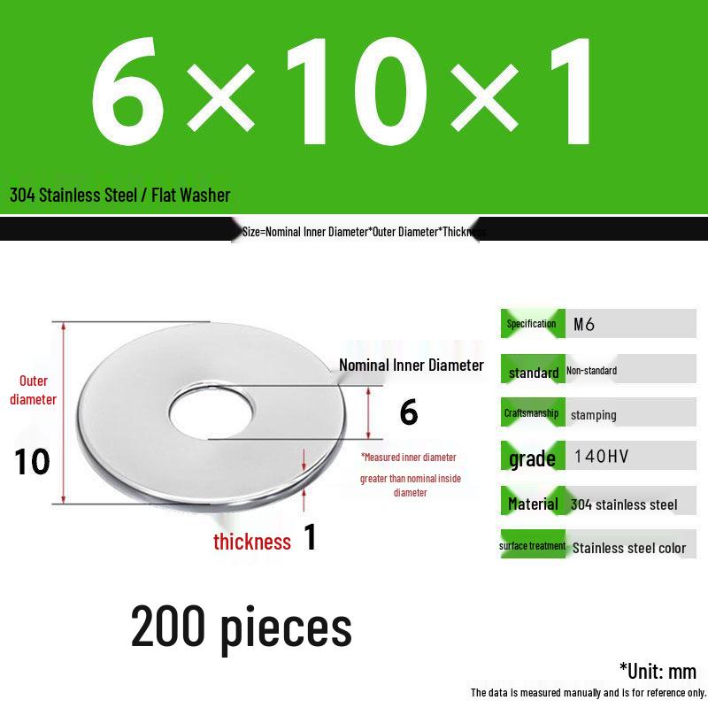 304 Stainless Steel Thickened Flat Washer Set, Sizes 2-36