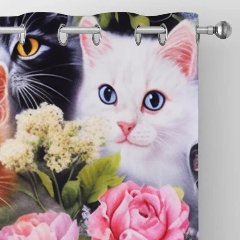 2 Pcs Cute cat print curtains  suitable for bedroom  living room kitchen decoration  home decoration  window decoration