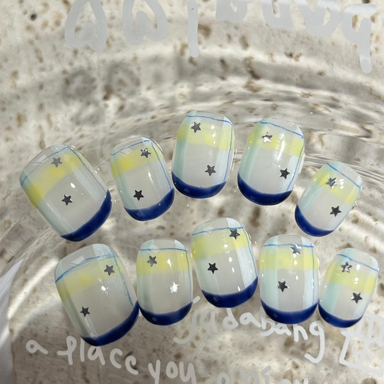 Handmade French Blue Plaid Wearable Nails - Short Length, High-End Whitening Manicure Large