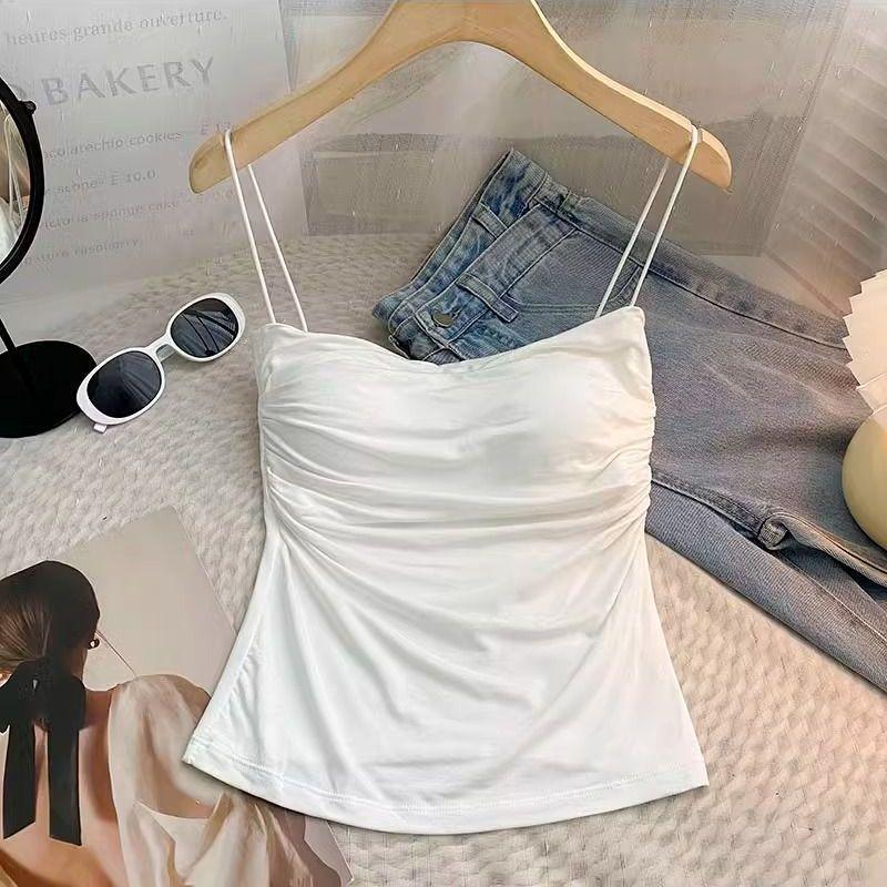 Pleated Strappy Camisole with Padded Bandeau One-Piece Wireless Top