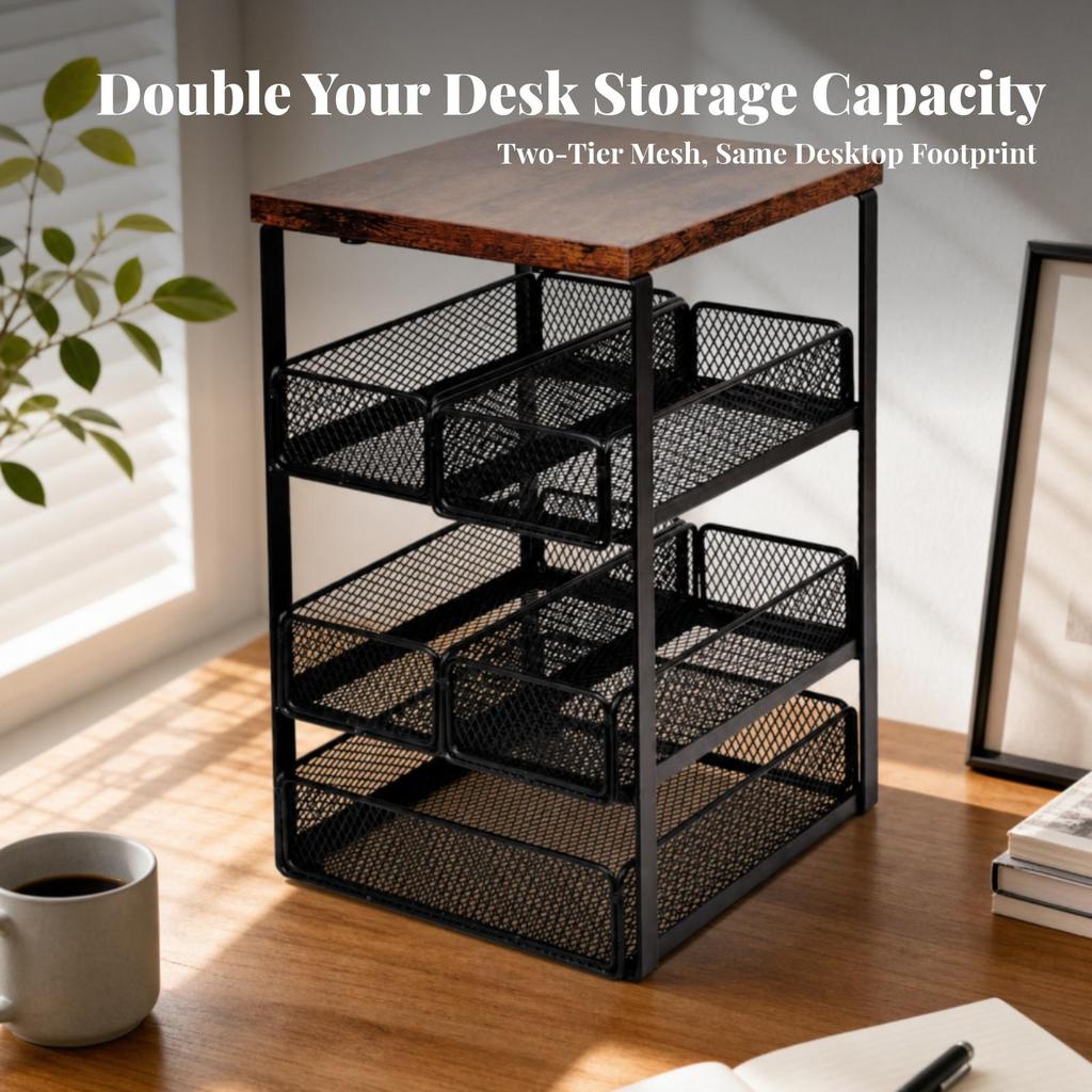 Tabletop Storage Rack with Mesh Baskets Tiered for Tea Drinkers