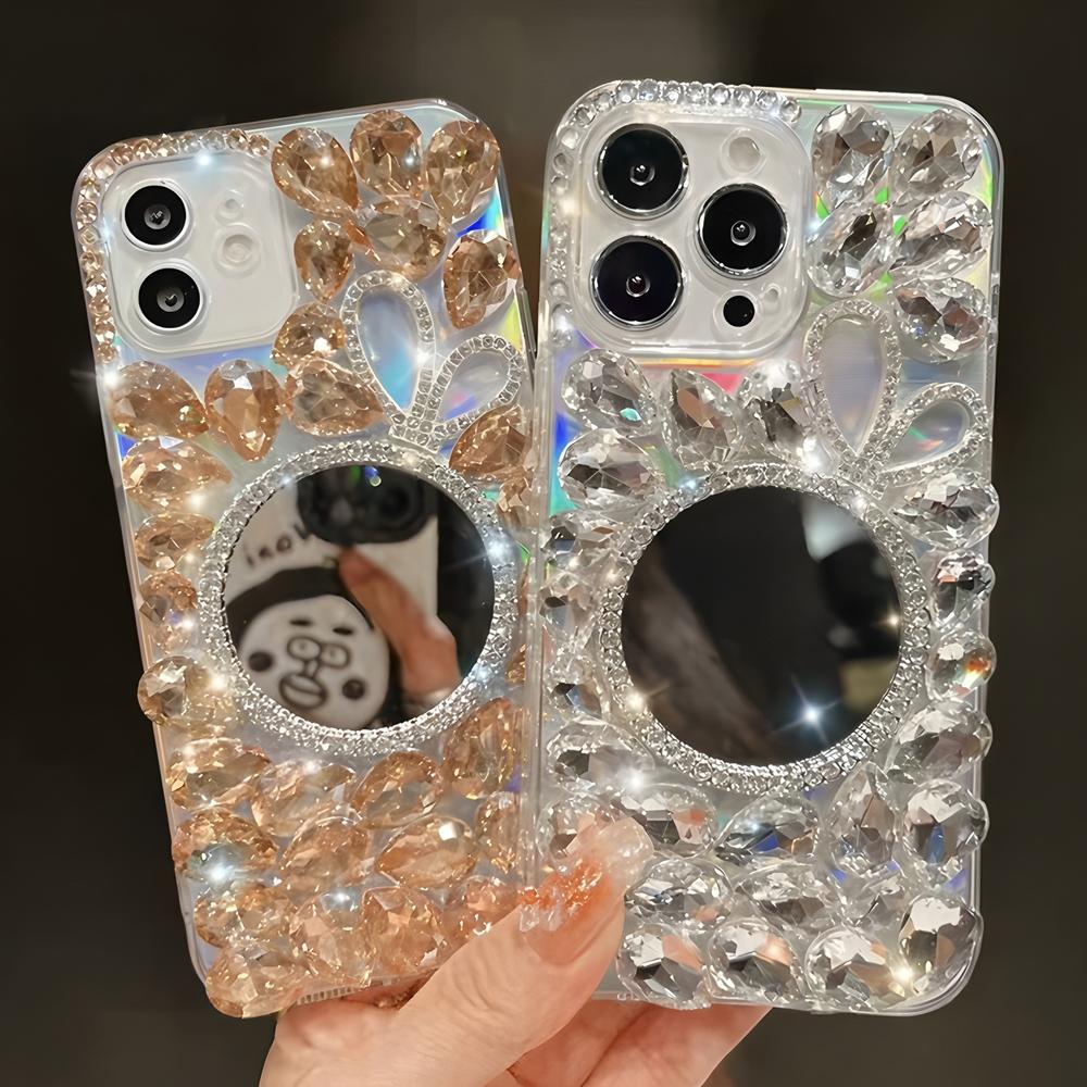 Glitter Crystal Rhinestone Phone Case with Mirror, Clear Bling Floral Cover For OPPO Realme 14 Pro Plus 14X 14T 13 12 Lite 4G 5G