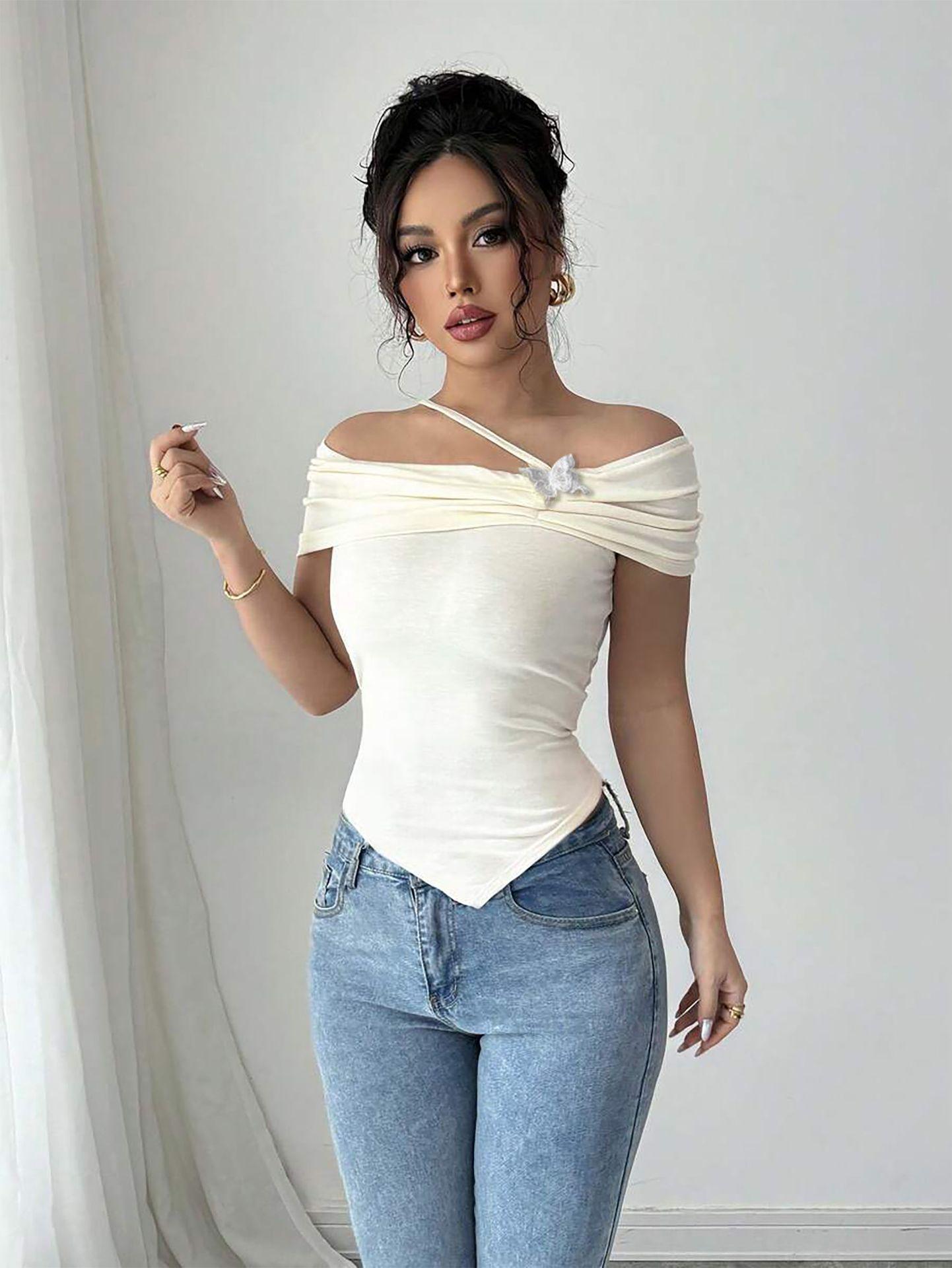 Off-Shoulder Slimming Short T-Shirt - Women s New Stylish Design, Model ZT7118 Small