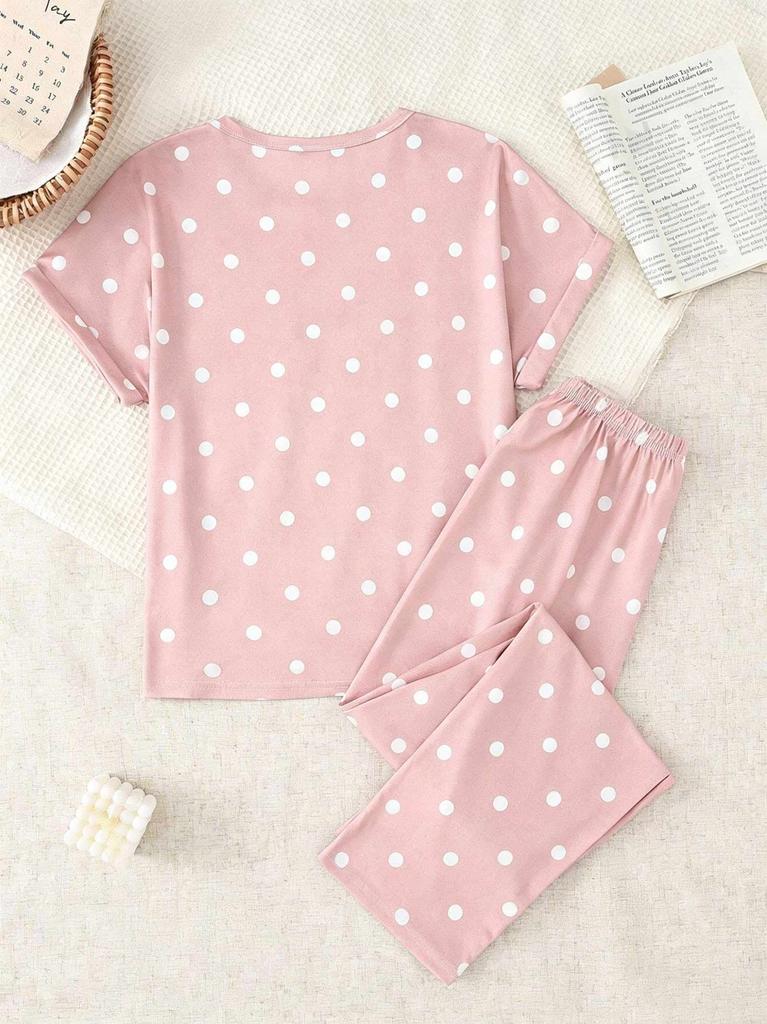 Girls Pajama Set, Cute Rabbit & Polka Dot Short Sleeve Top & Long Pants, Soft Sleepwear for 8-12 Years