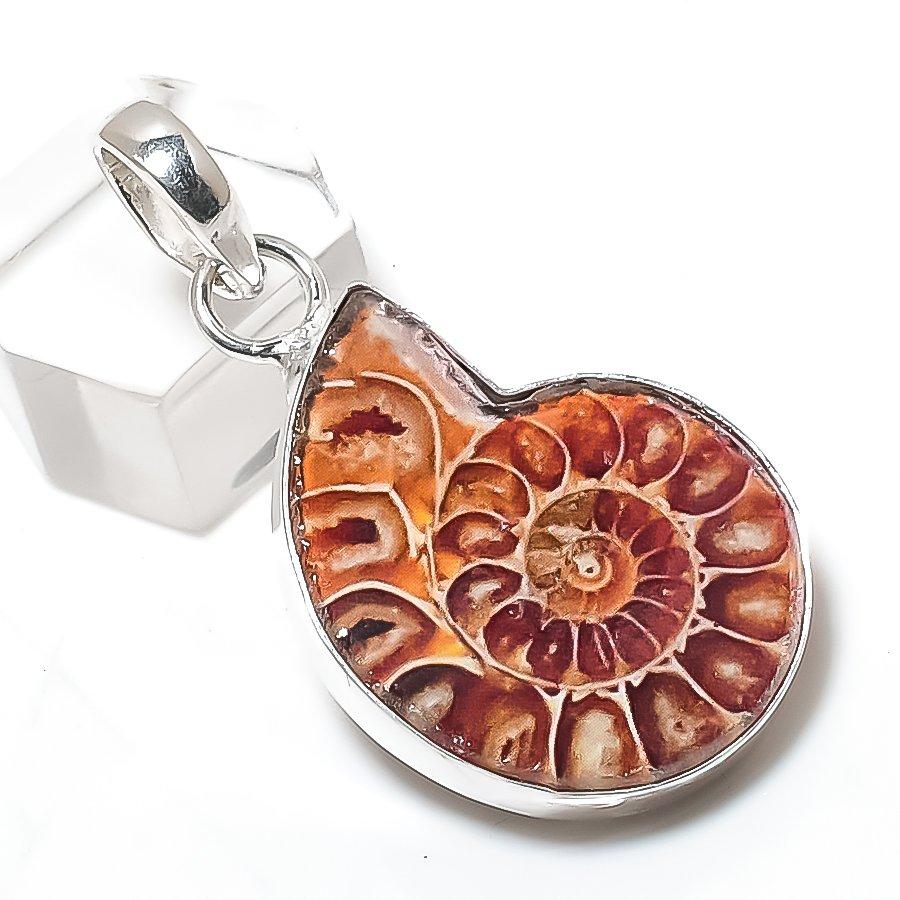 Ammonite Fossil Gemstone 925 Sterling Silver Jewelry Pendant 1.77"