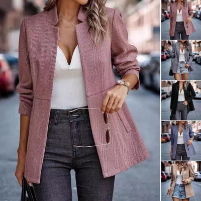 Women Suit Coat Notch Collar Long Sleeve Solid Color Casual Loose Fit