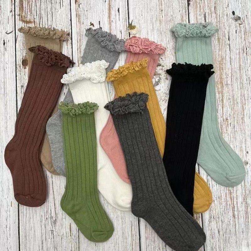 Girls Knee High Socks Baby Kids Toddlers Ruffle Long Soft Cotton Sock Lace Flower Children School Socks