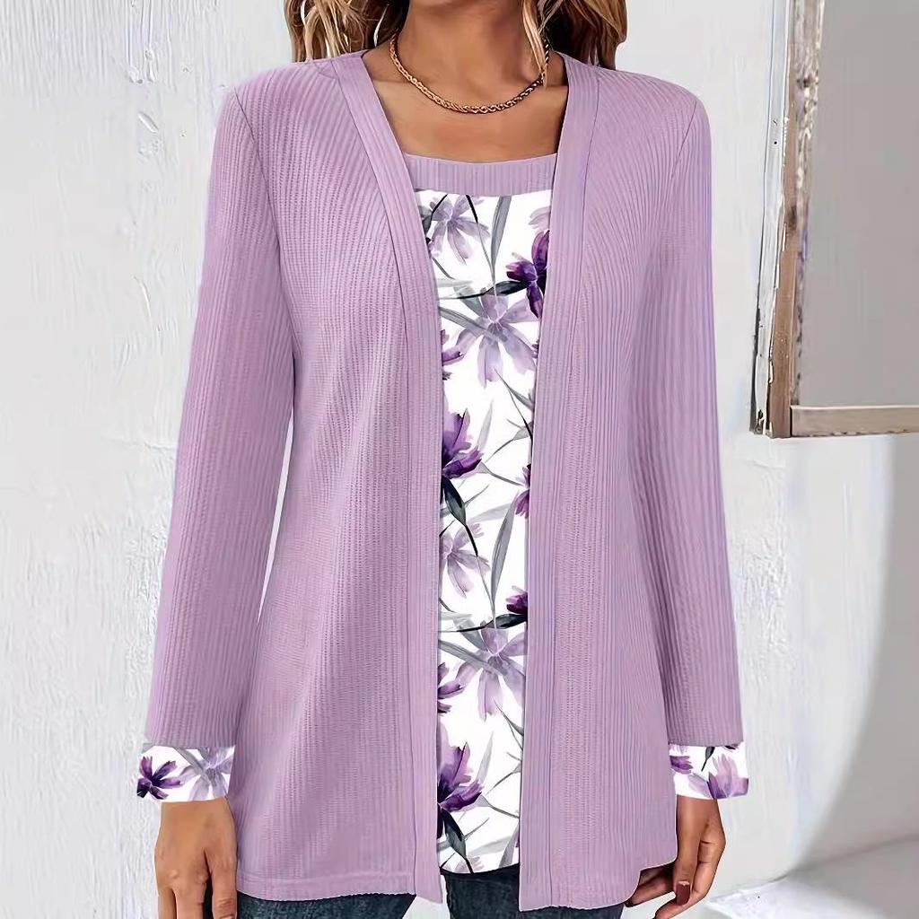 2024 Autumn-Winter Women's Solid Color Printed Patchwork Long Sleeve Fake Two-Piece T-Shirt