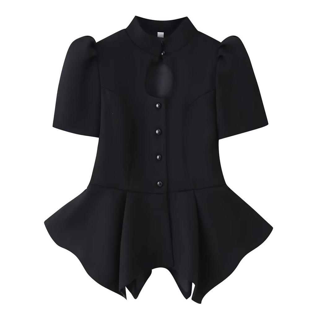 European and American style, new women's fashion, chic, three-color in-stock, hollow-out puff sleeve buttoned top