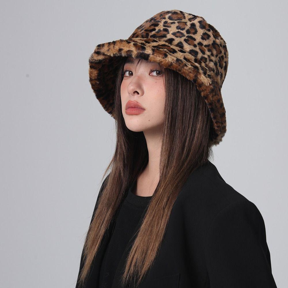 Thicken Leopard Print Bucket Hat Korean Style Fluffy Fisherman Caps  for Girls