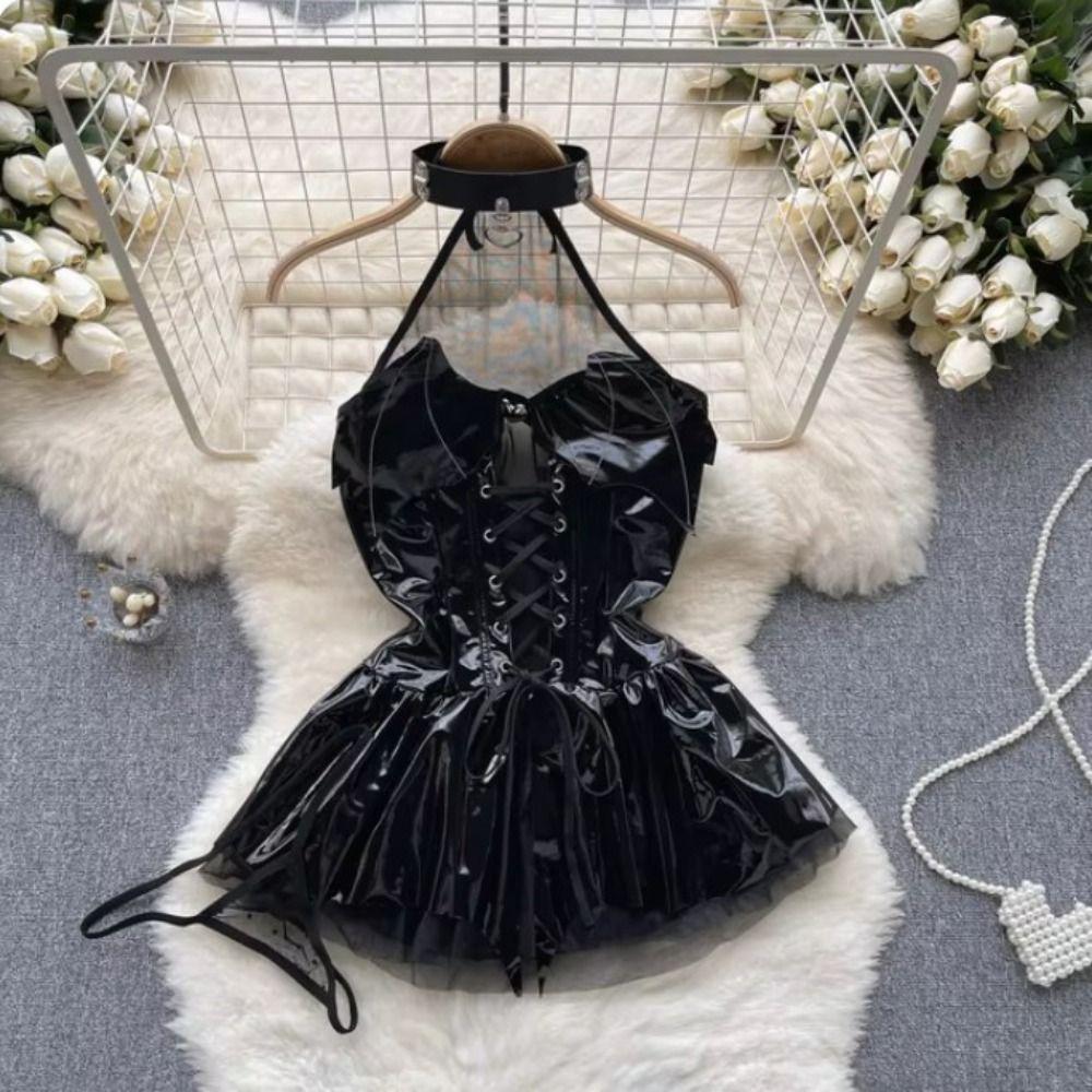 Halloween Lace Up Nightdress Backless A Line Skirt Hollow Bats Punk Dress  For Women