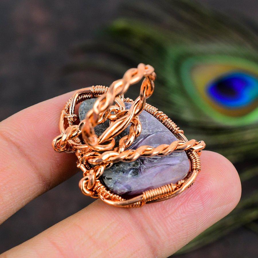 Natural Russian Charoite Gemstone Copper Wire Wrap Gift Ring Size 7.5 R4b61