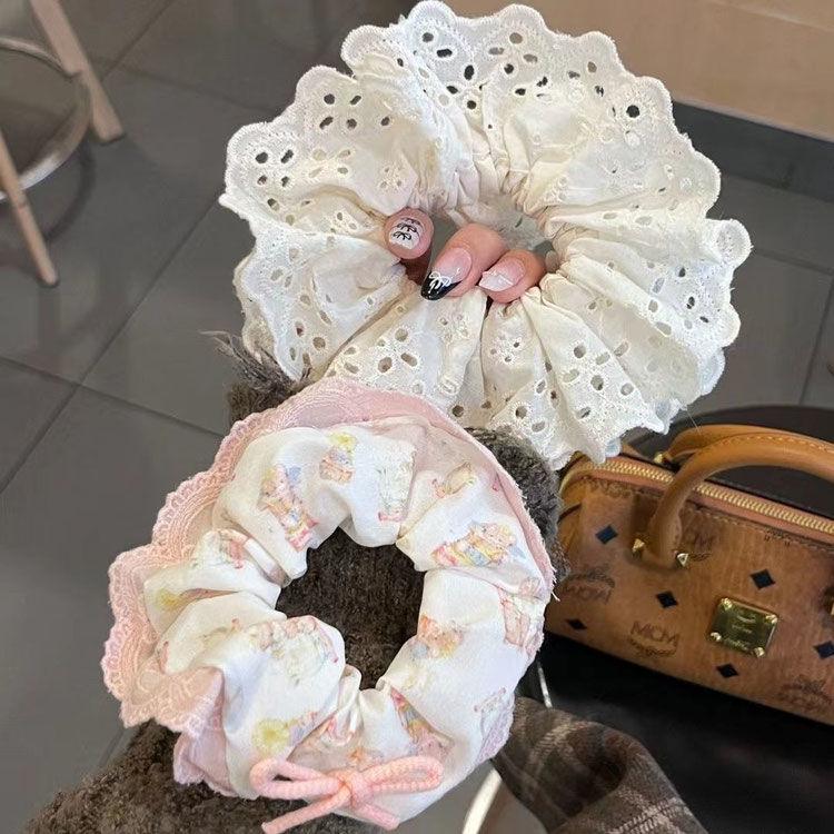 Korean Gingham Ballet Hair Tie - Cute Creamy Style Hair Rope with Lace Edge