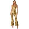 Womens Metallic Shiny Disco Outfit Sleeveless Racerback Tank Top with Flared Pants Elastic Waistband Partywear
