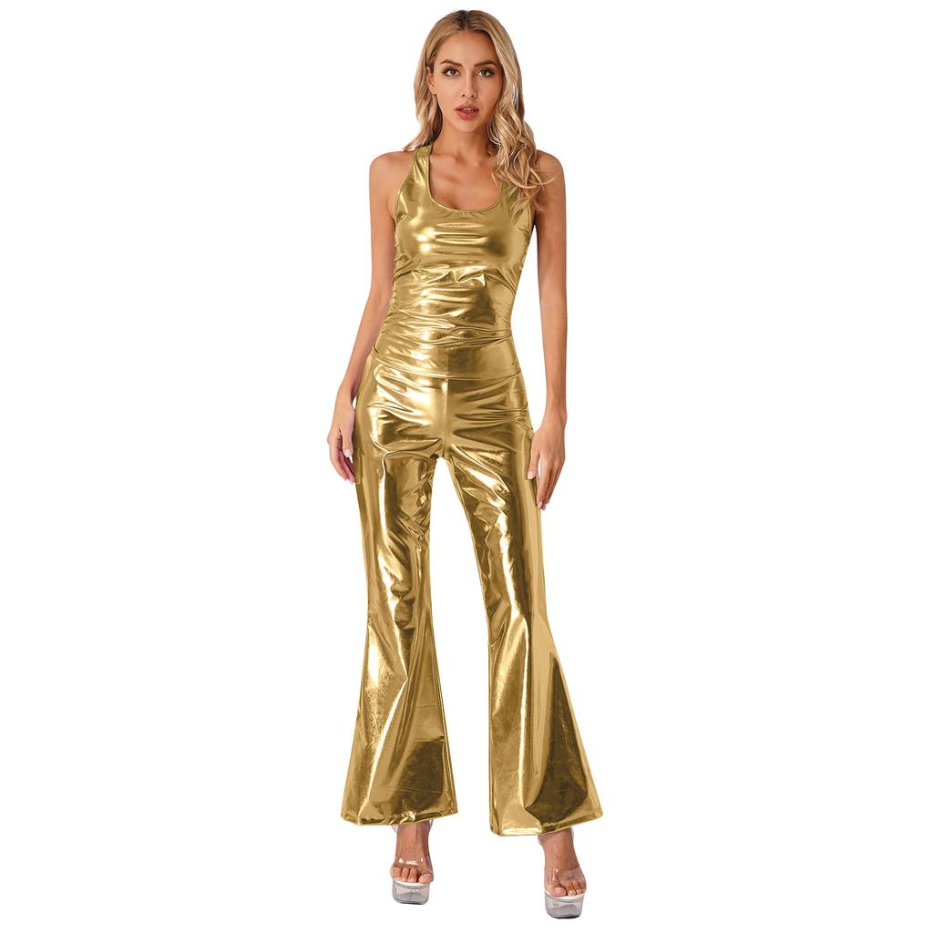 Womens Metallic Shiny Disco Outfit Sleeveless Racerback Tank Top with Flared Pants Elastic Waistband Partywear