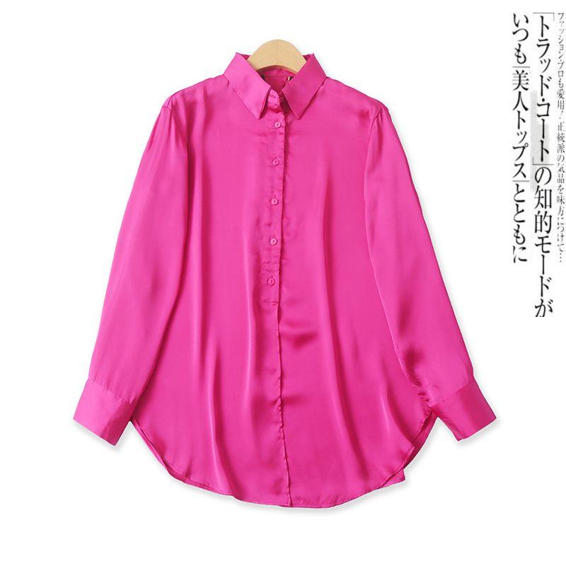 

Рубашки из имитированного шелка Весна Новая Внешняя торговля Женская одежда Мода Лацкан Однобортная Приталенная Яркая поверхность Рубашка с длинным рукавом 17961 Rose Red S