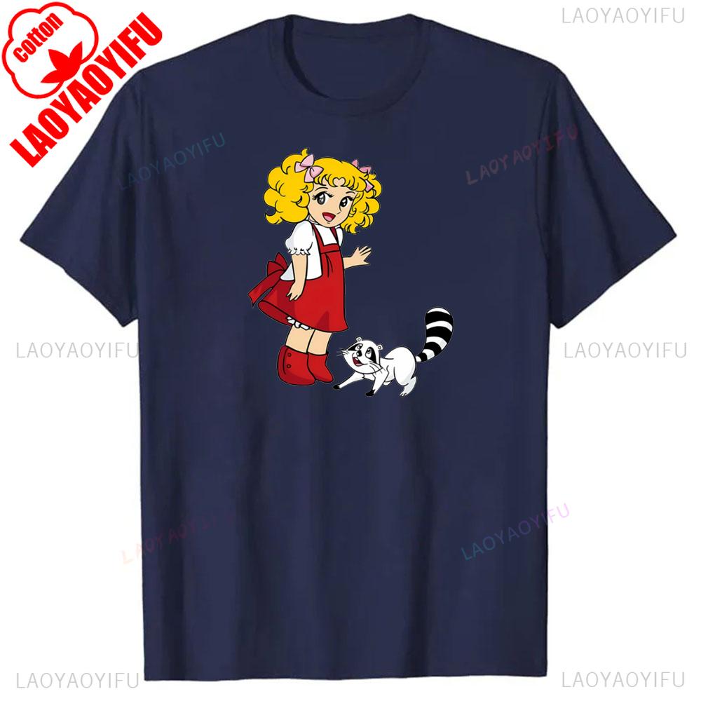 Little Girl with Red Dress and Yellow Hair and Raccoon Vibrant Cartoon Graphic Tee for Women Soft Round Neck Casual & Sporty