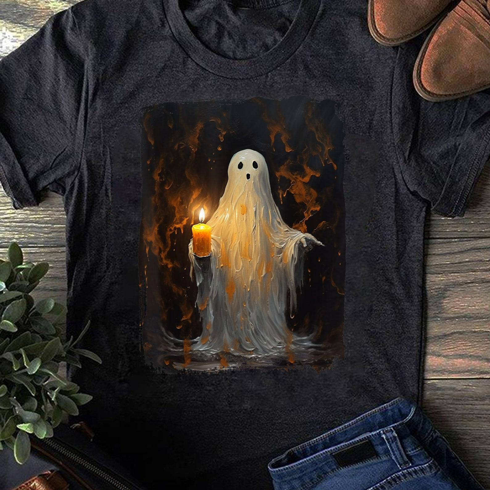 Funny Ghost Holding Candle T-Shirt: Gothic Halloween Tee 3XL
