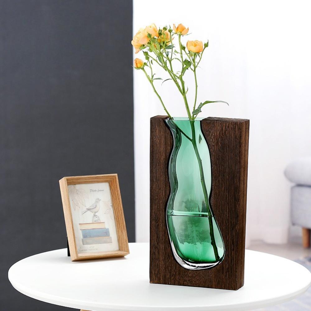 Nordic Style Glass Vase Wooden Tray Single Flower Hydroponic Green Plants Fresh Flowers Desktop Living Room Coffee Table
