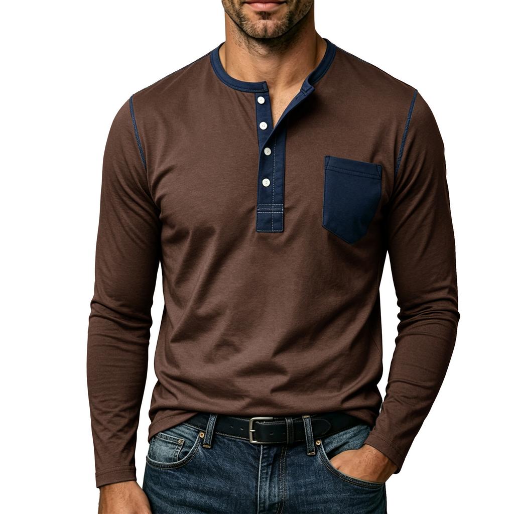 Mens Contrast Color Pocket Long Sleeve Crew Neck Henley Casual T Shirt