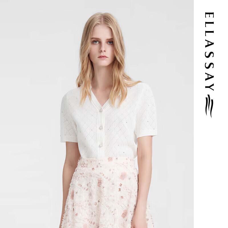 

ELLASSAY Women s Simple Rhinestone Pearl Button V-Neck Knit Top M