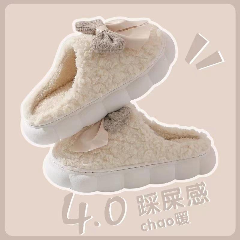 Bow Cotton Slippers 2025 New Cotton Shoes Home Autumn and Winter Indoor Warmth Cotton Mop Hair Tray Winter