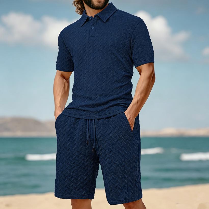 2026 New Men's Summer Casual Loose Fit T-Shirt Shorts Set Lapel Jacquard Thin Short-Sleeved Sports Polo Shirt Set