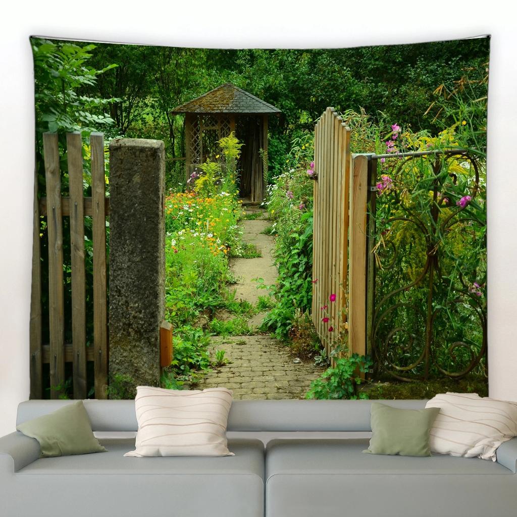 Spring Butterfly Flowers Tapestry Retro Wooden Fence Nature Pink Rose Plants Floral Wall Hanging Garden Home Decor Scenery Cloth