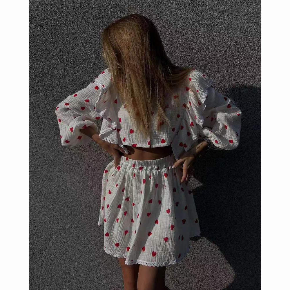 Women Cotton Linen Print Loose Suit Women Lantern Sleeve Ruffles V Neck Patchwork Single Breasted  High Waist Mini Skirt Suit