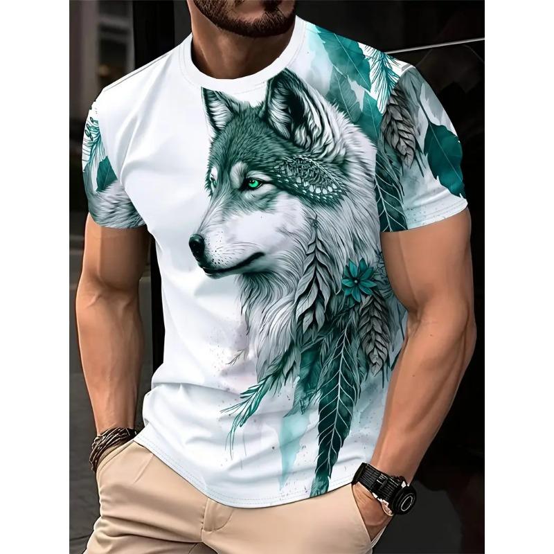 Men's 3D Printed T-shirt Casual Round Neck Lightweight Summer Trend Fashionable Versatile Wolf Pattern T-shirt